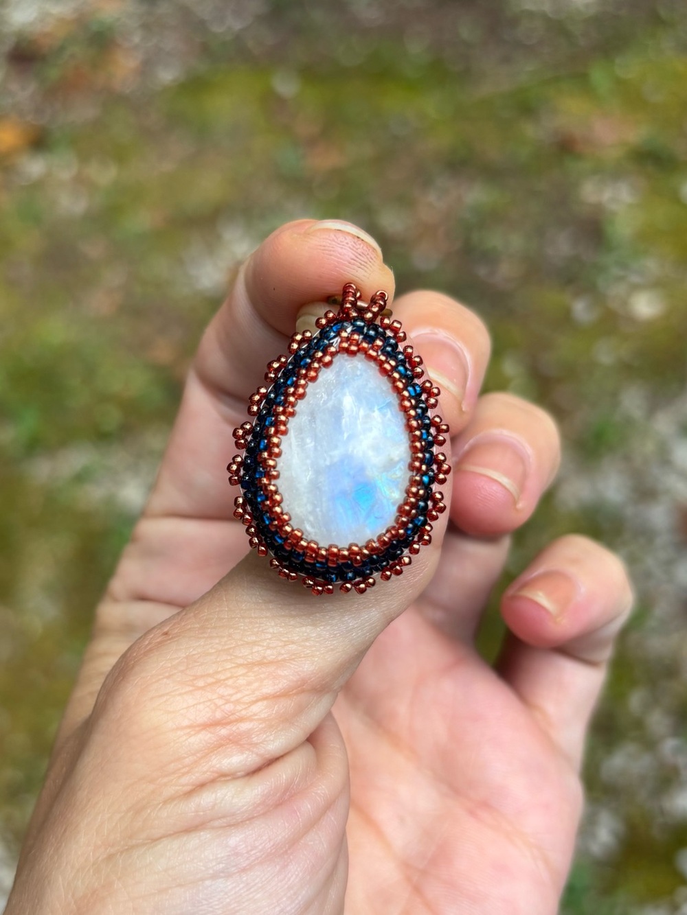 Handmade Moonstone Teardrop Bead Embroidered Pendant